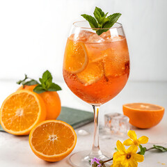 Fototapeta premium Aperol Spritz Cocktail with Orange Slices and Mint on White Table