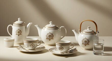 Fototapeta premium Elegant Teapot Collection Display with Cups and Glass of Water