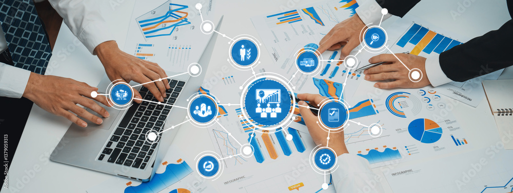 Poster a dynamic office scene showcasing teamwork in business management with hands working on a laptop and