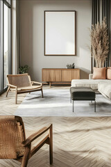 create a retro style high apartment living room with a verticle picture frame mock up