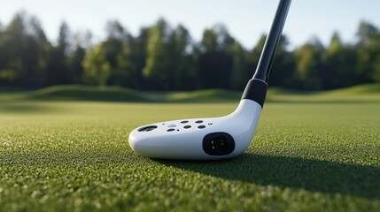 A golf club rests on a green grassy putting area