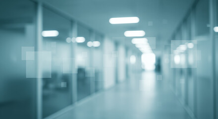 Obraz premium Abstract Hallway: Modern Office Space Blur with Geometric Overlay, Clean Lines & Blue Tones - Workplace, Interior, Architecture