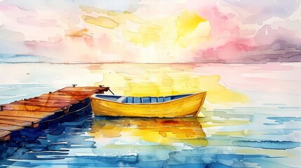 Fototapeta premium Serene Sunset at the Dock - A yellow boat rests peacefully at a wooden dock during a breathtaking sunset. Calm waters reflect the vibrant colors of the sky