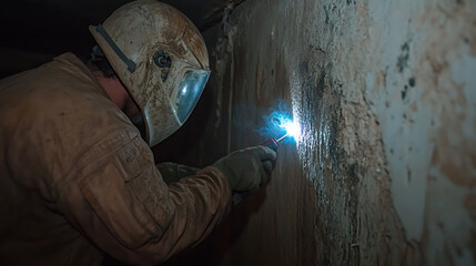 Welder at work in industrial environment. Worker with protective gear doing welding on metal. Safety first and professional expertise.