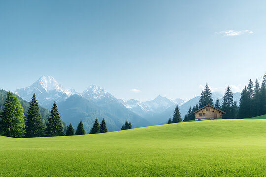 Scenic mountain landscape featuring a wooden cabin nestled in a green meadow, with snow-capped peaks in the background under a clear blue sky. Serene nature scene.