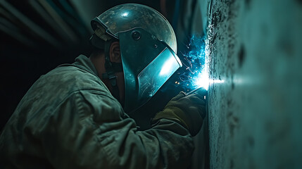 Welder at work with safety gear, sparks flying. Industry and labor concepts. Dark, industrial backdrop.