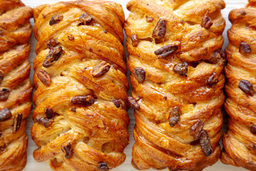 Homemade Maple Pecan Danish Pastry, top view. Flat lay, overhead, from above.