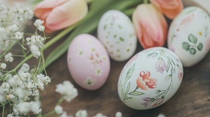   A cluster of colorful eggs perched atop a wooden table alongside tulips and baby's breath blossoms