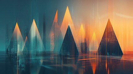 Abstract silhouette of rising triangular graph peaks blending into a softly illuminated collection of silhouetted skyscrapers