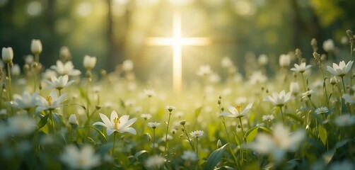 Cross and white flowers in a meadow bathed in warm sunlight