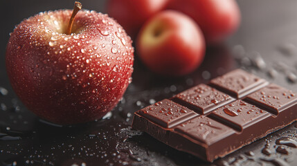Close-up of a dewy red apple beside a partially eaten chocolate bar with melting edges