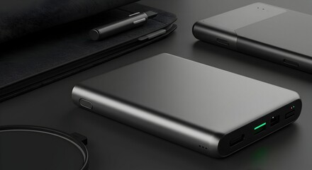 Portable Power Bank and Accessories Lay Flat on Dark Surface