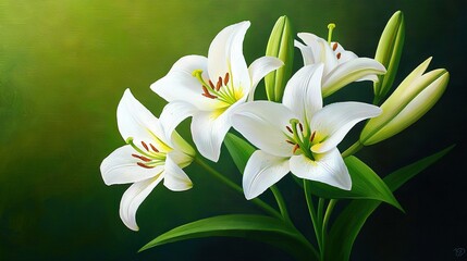   A painting of three white lilies on a green background with black accents