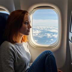 Fototapeta premium young woman is traveling by plane with her face looking out the plane window