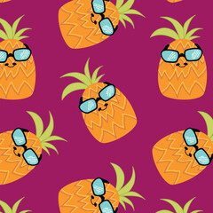 Pineapple with sunglasses seamless pattern. Vector background with summer holiday