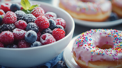 Fresh mixed berries and colorful frosted doughnuts create a delightful dessert spread