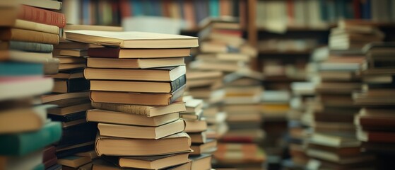 Stacks of old books form a cozy labyrinth in a dimly lit library, exuding the charm of forgotten tales and the allure of knowledge.