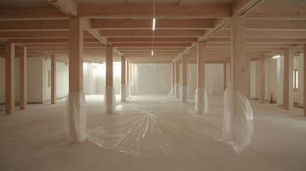 Under Construction: A large, unfinished space with exposed wooden beams and support columns, covered with protective plastic sheets.