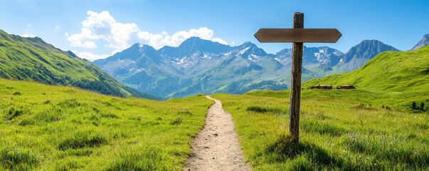 Digital Detox Retreats, A scenic mountain landscape with a winding path and a wooden signpost, surrounded by lush greenery and clear blue skies.