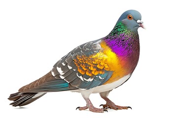 A stunning pigeon with radiant hues of gold, violet, and teal, soft feather details, and sharp contrast, ultra-detailed, isolated on solid white background.