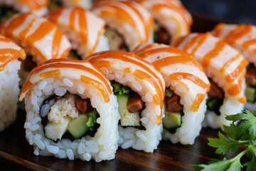 A delectable array of sushi rolls, each meticulously crafted, sits on a wooden platter The rolls are filled with fresh ingredients like cucumber