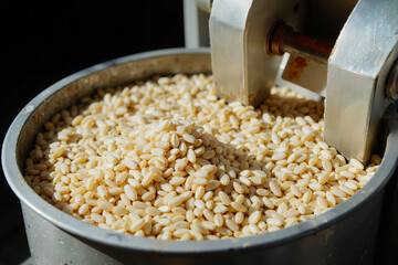 A closeup view of a metal grinder filled with light brown barley grains, being processed in a cylindrical container The machines metallic components and the texture of the grains highlight the grindi