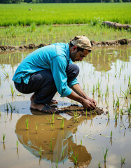 A farmer bends over in a flooded rice field, planting young rice plants with care and precision Dressed in a blue shirt and sun hat, he works diligently on his land, reflecting in the water below