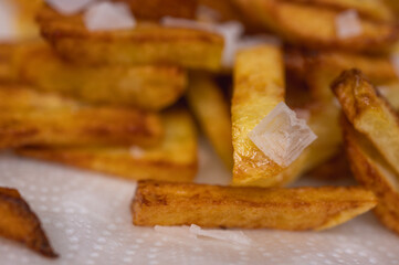 Golden crispy potato wedges sprinkled with sea salt, close-up. Perfect comfort food concept, perfect for fast food menus, advertising and food blogs, selective focus