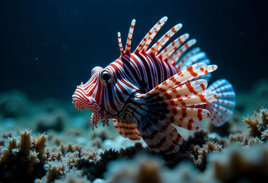 A red and white striped lionfish with spiky fins swimming over a coral reef, dark blue background