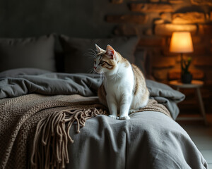 charming calico cat rests peacefully on a cozy gray duvet cover in a softly lit bedroom.