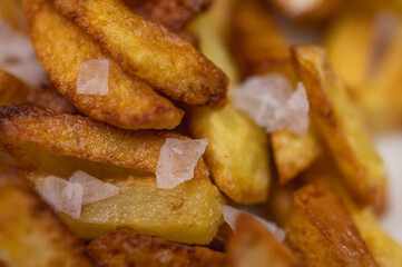 Golden crispy potato wedges sprinkled with sea salt, close-up. Perfect comfort food concept, perfect for fast food menus, advertising and food blogs, selective focus