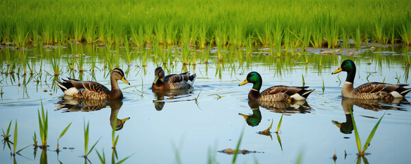 A serene scene of four mallard ducks gracefully swimming in a calm lake, surrounded by green grass and reeds, reflecting their elegant forms on the still waters surface
