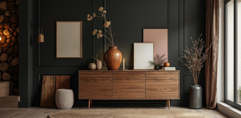 mid-century modern wooden sideboard with dried floral arrangements and minimalist