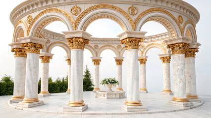 Fototapeta premium Antique arch with richly decorated snow-white columns with golden stucco isolated on white background, wedding mood, wedding venue for ceremony