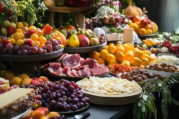 A table displaying a variety of foods ranging from fruits to meats in a vibrant setting Illustrate the impact that food allergies can have on social interactions and dining out.