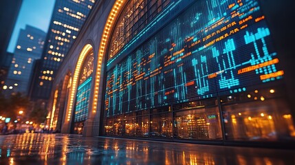 Fototapeta premium Nighttime Urban Cityscape with Neon Lights and Modern Architecture: Explore the Vibrant Metropolis Financial Center