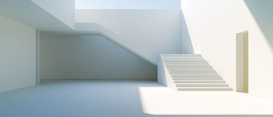 Fototapeta premium An immaculate stairway ascends toward light, embodying simplicity and modern architectural grace.
