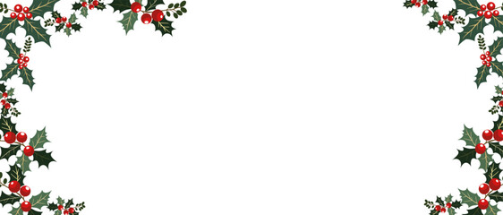Christmas and New Year background with European holly on transparent or white background. Vector image.