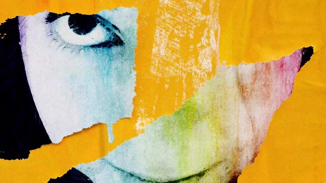 Old colorful posters with people ripped torn crumpled paper abstract grunge texture wall backdrop placard surface, Seamless loop collage urban street posters slideshow background