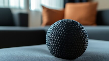 A black sphere rests on top of a gray cushioned surface