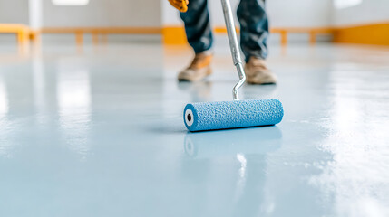 Rolling Fresh Epoxy: A worker rolls out epoxy on a concrete floor. Watch as the light catches on a newly painted surface. Smooth, glossy finish.