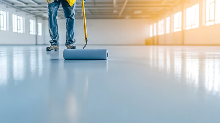 Naklejka premium Floor Finishing: Worker applying epoxy or sealant to a large concrete floor in a bright, spacious warehouse. Modern construction and renovation.