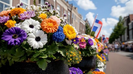 Fototapeta premium flower parade festival, a panoramic view of the bloemencorso parade in haarlem, with lively floral floats parading through historic dutch streets