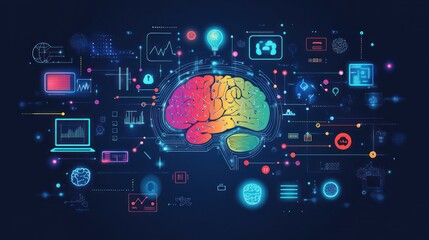 Fototapeta premium Conceptual illustration of a brain connected to digital technologies, symbolizing AI integration in various sectors