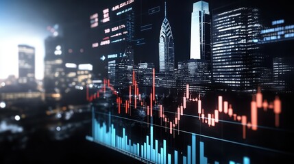 Urban Finance: Exploring Financial Data and Stock Market Trends Amidst City Skyline at Night