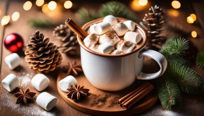 christmas drink hot chocolate in a mug marshmallows cinnamon sticks and fir cones close up