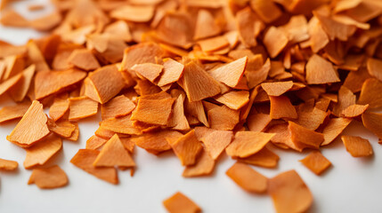 A close-up of whole sandalwood chips with their warm orange-brown tones and smooth, natural texture scattered across a white surface.