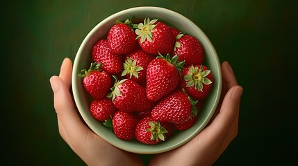   Person holding strawberries against a dark green backdrop with hands cradling the fruit in the bowl