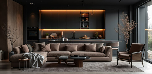 modern living room with taupe l-shaped sofa and sleek dark kitchen