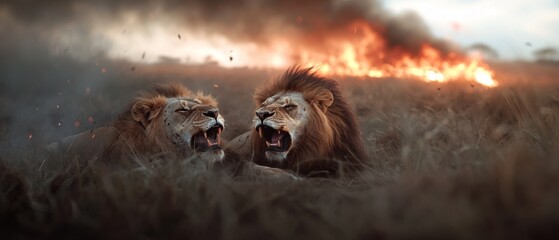 Two lions fiercely roar amidst a wild plain with a dramatic fire blazing in the background, a raw display of nature's power.